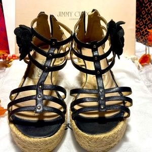 Jimmy Choo black floral wedge sandals size 37
